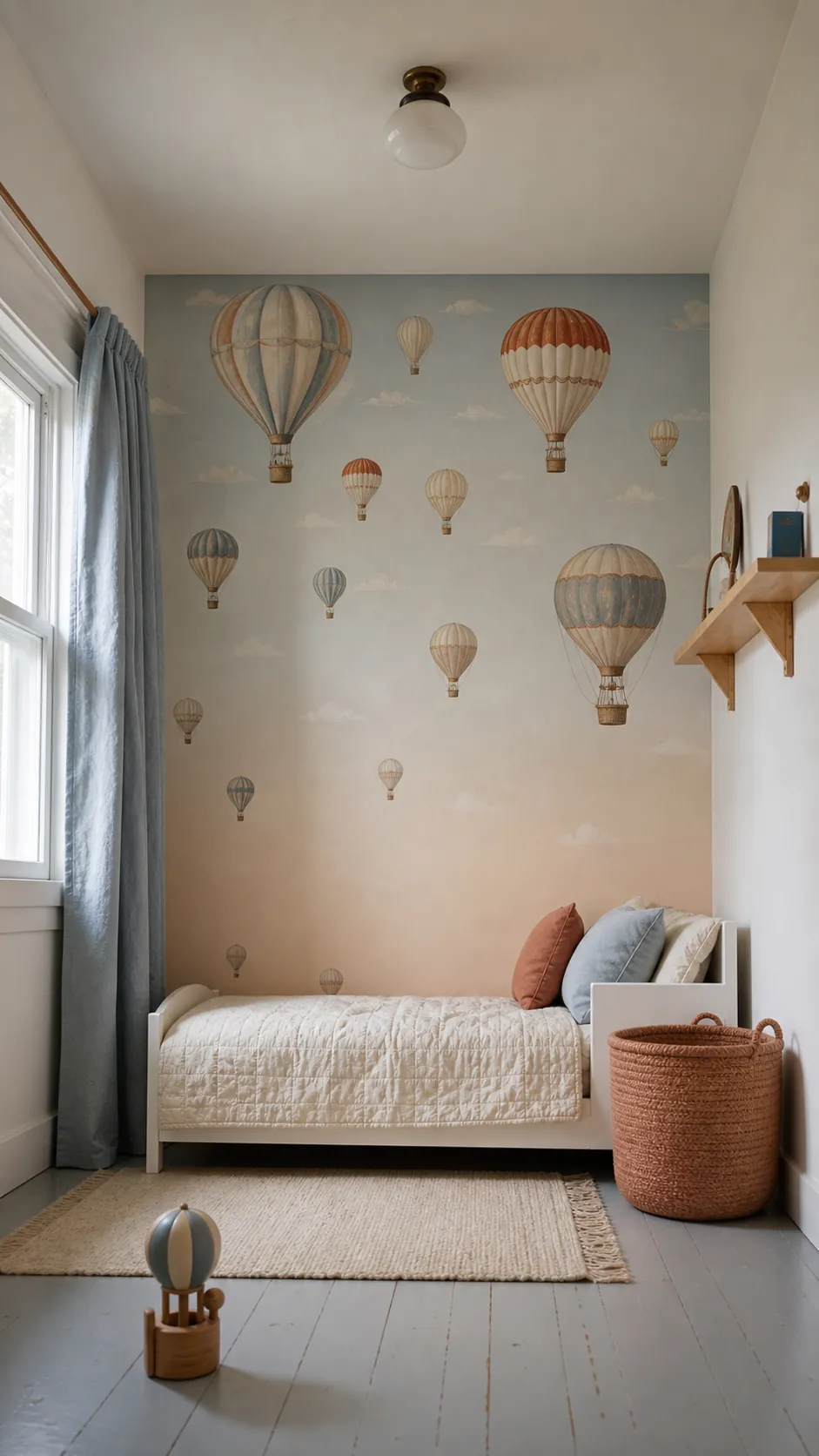 Small toddler room with storybook hot-air balloon wallpaper