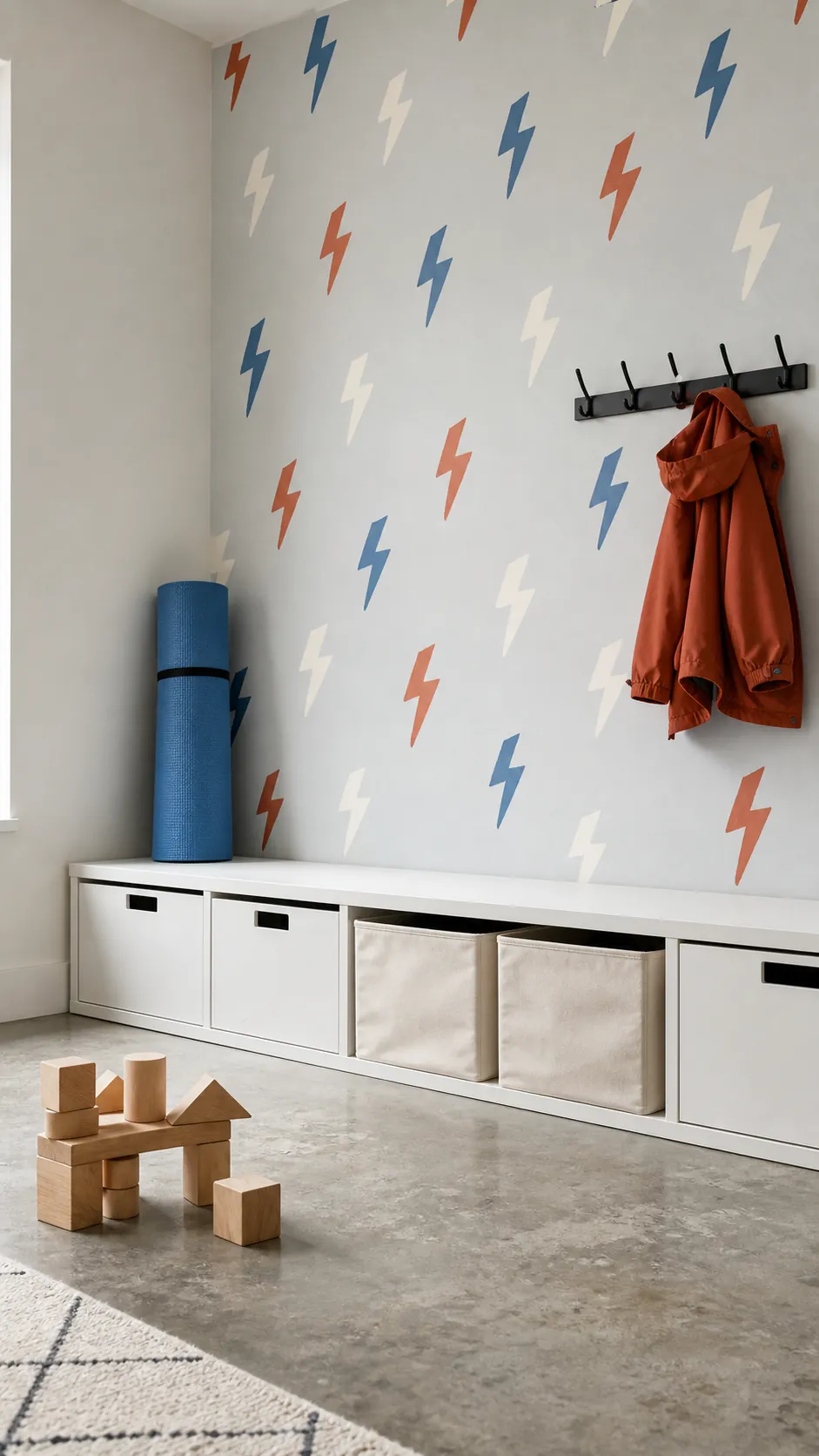 Modern toddler storage wall with blue and rust lightning wallpaper