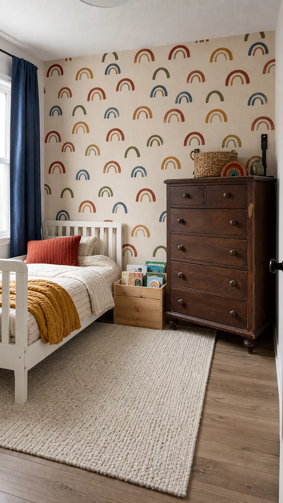 Colorful toddler bedroom with muted brushstroke rainbow wallpaper