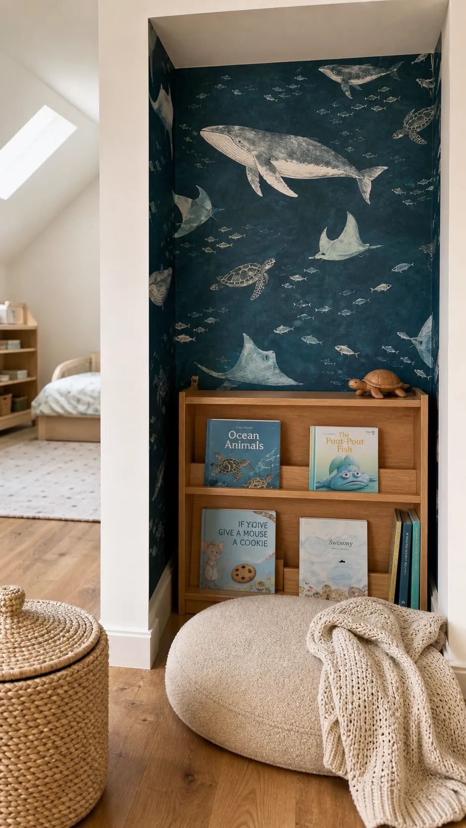 Toddler reading nook with deep teal ocean creature wallpaper