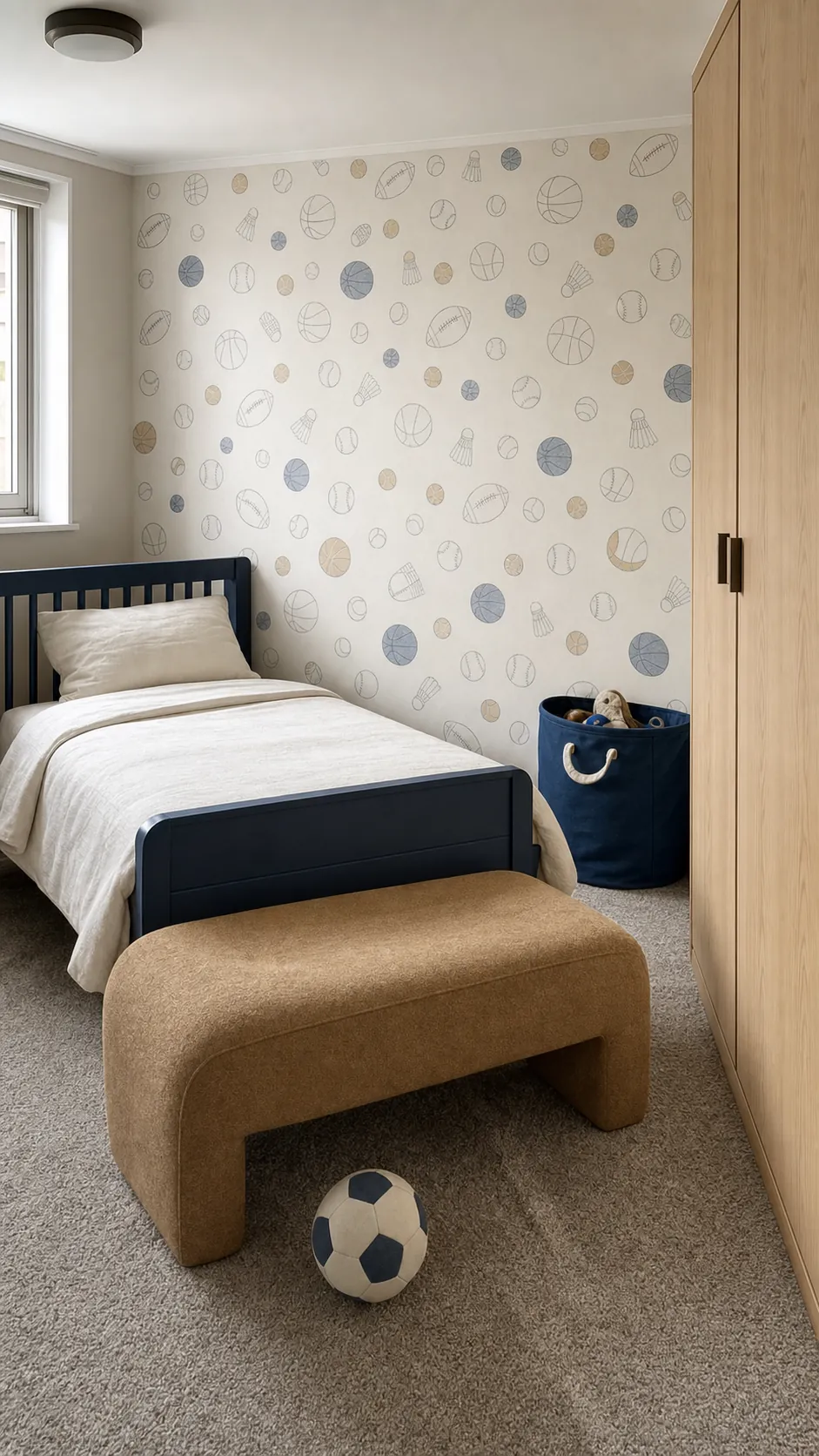 Flexible toddler bedroom with pencil-line sports wallpaper