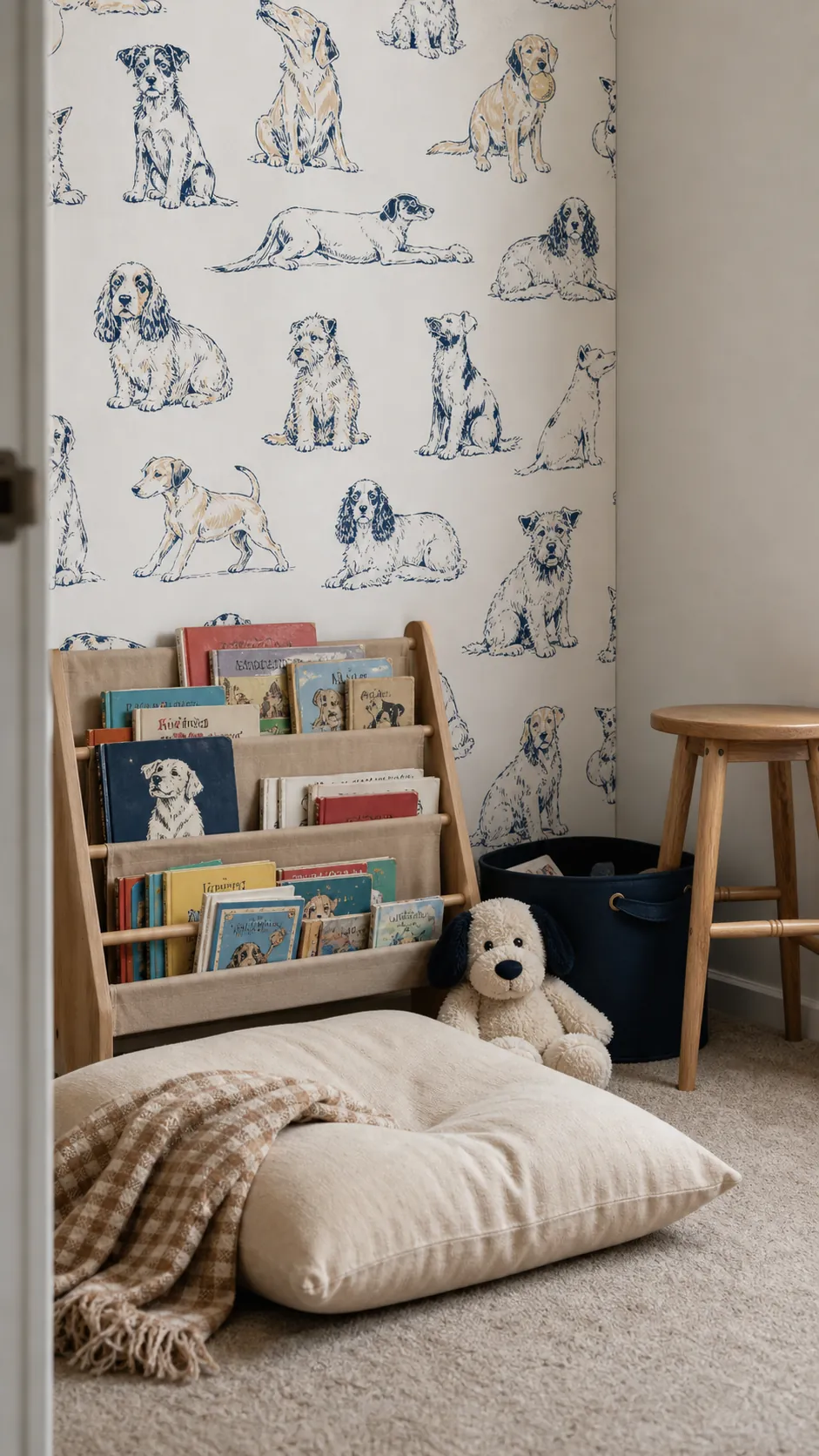 Toddler bedroom featuring navy and tan dog sketch wallpaper