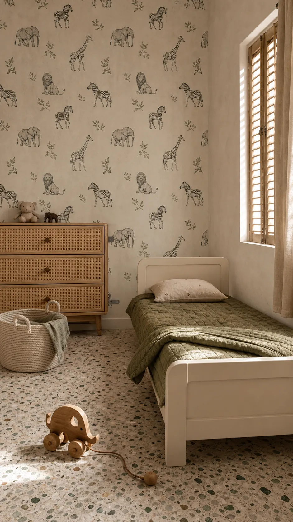 Natural toddler room with hand-drawn safari animal wallpaper