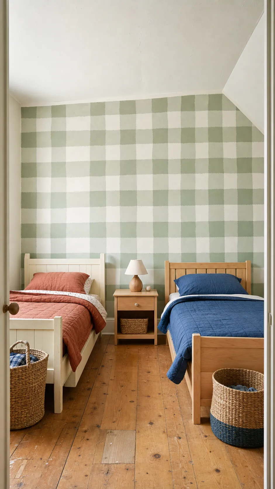 Shared toddler bedroom with oversized sage gingham wallpaper