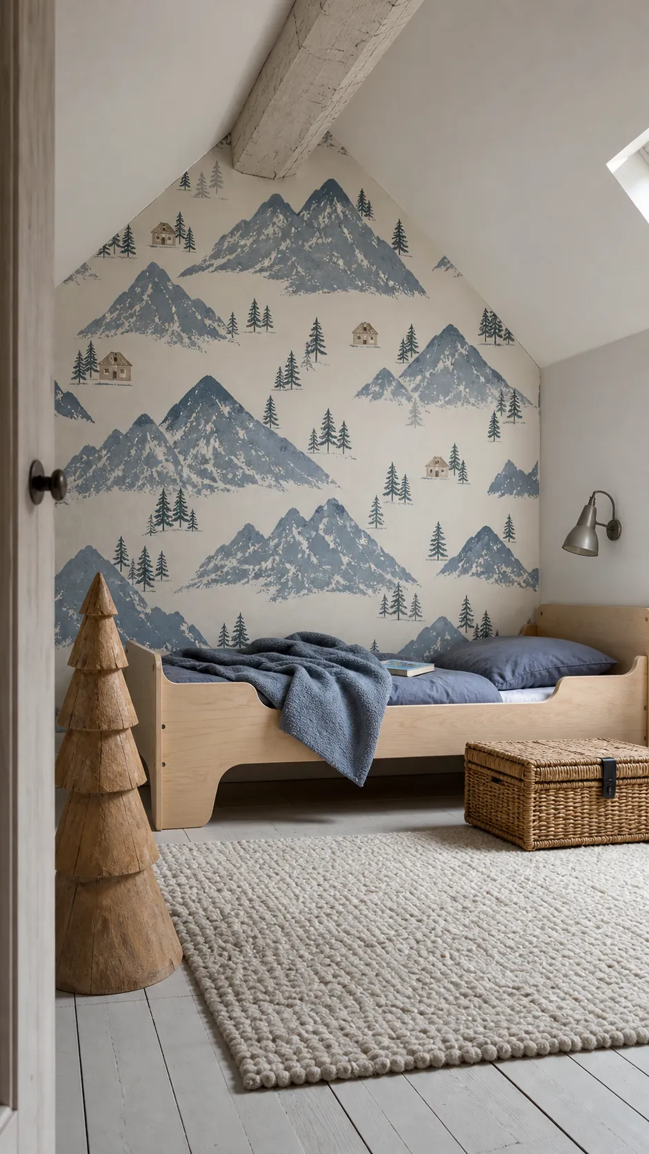 Scandinavian toddler room with mountain and cabin wallpaper