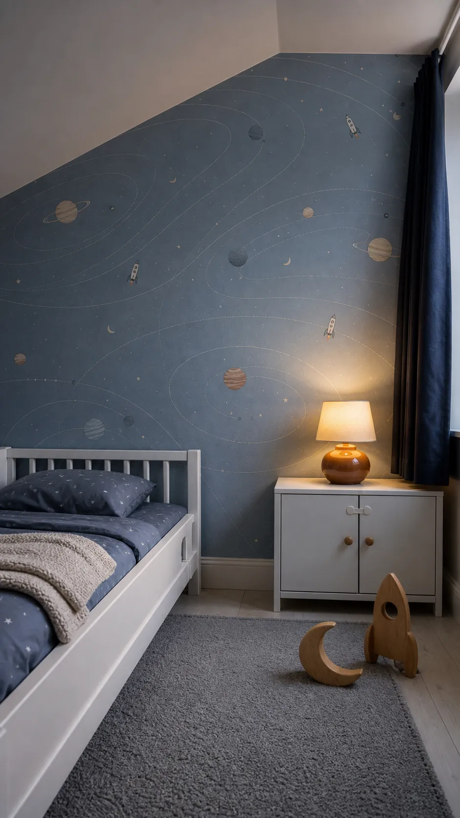 Calm blue toddler bedroom with planets and orbit wallpaper