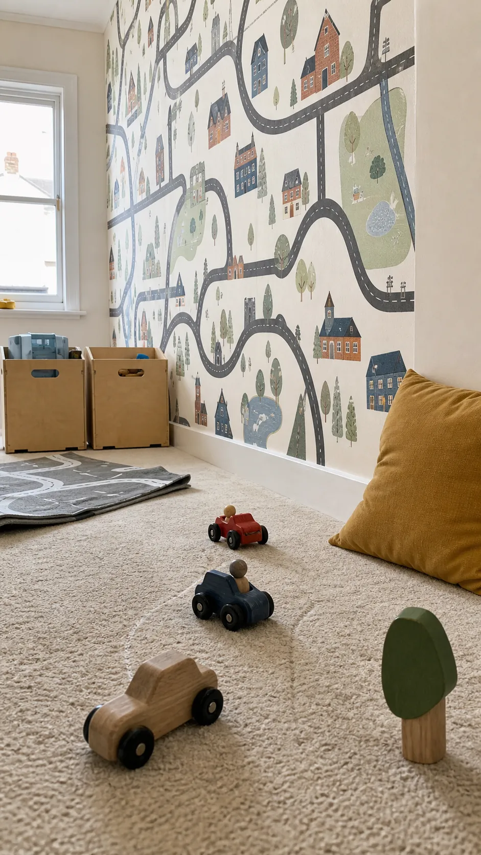 Small toddler play zone with roads and city block wallpaper