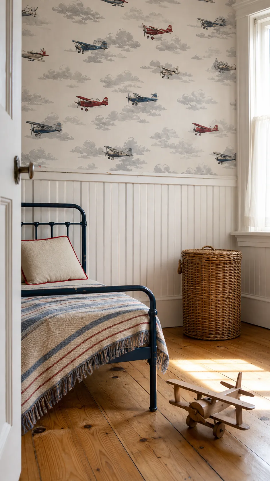 Bright toddler room with vintage airplane and cloud wallpaper