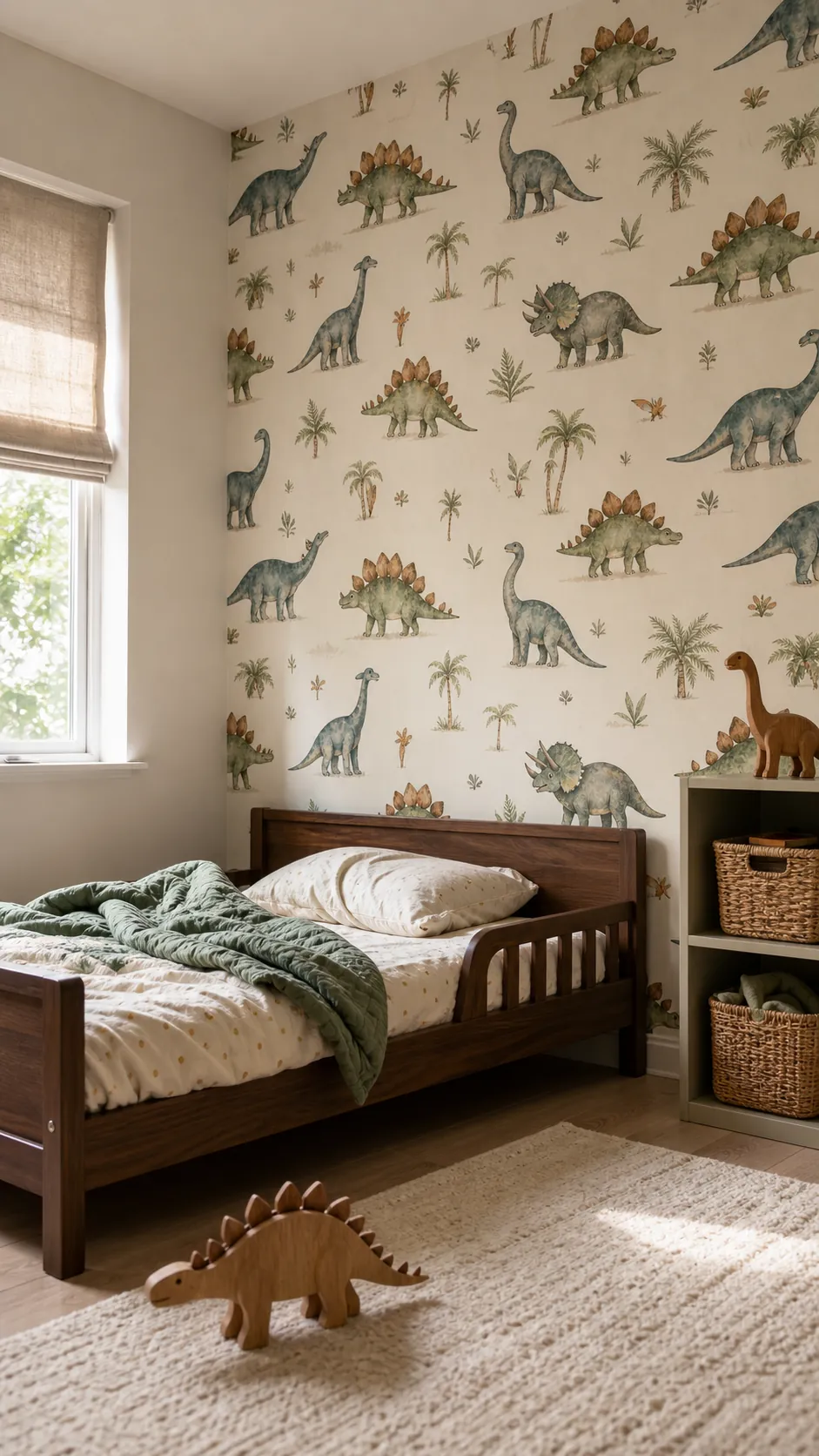 Earthy toddler bedroom with watercolor dinosaur wallpaper