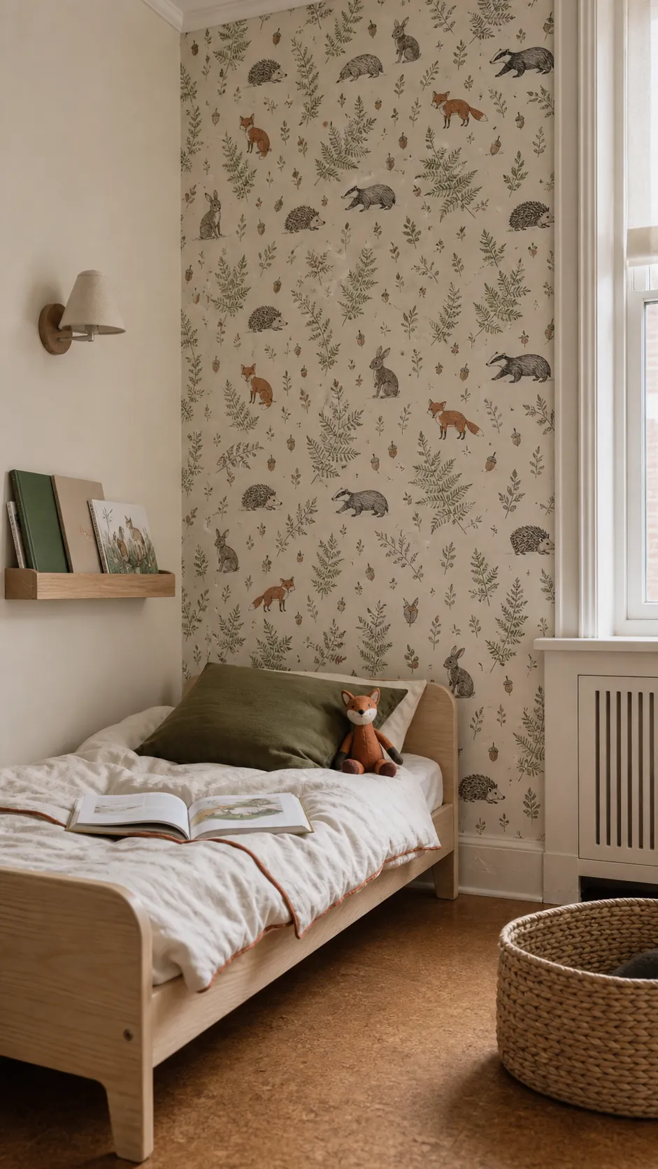 Cozy toddler room with woodland animal and fern wallpaper