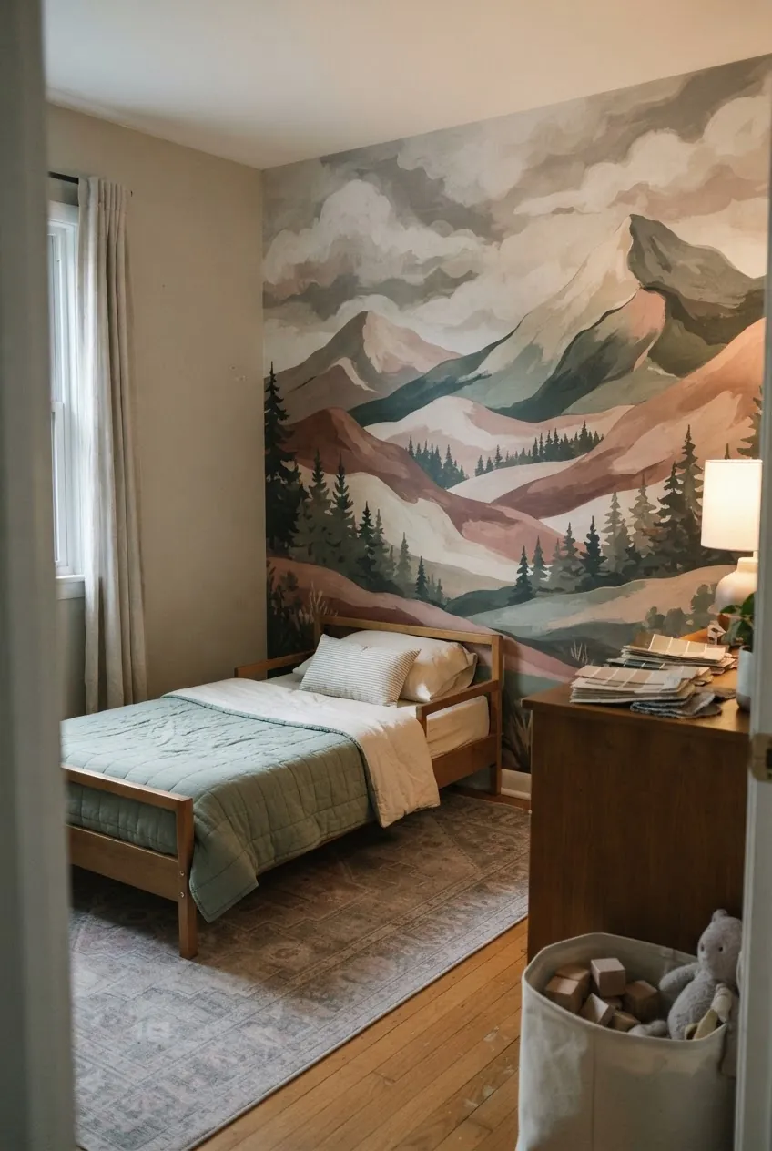 Bold toddler room wallpaper mural paired with quiet paint and uncluttered furniture