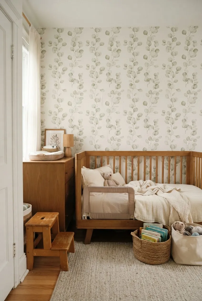 Botanical nursery wallpaper in a toddler room with soft green leaves and simple furniture