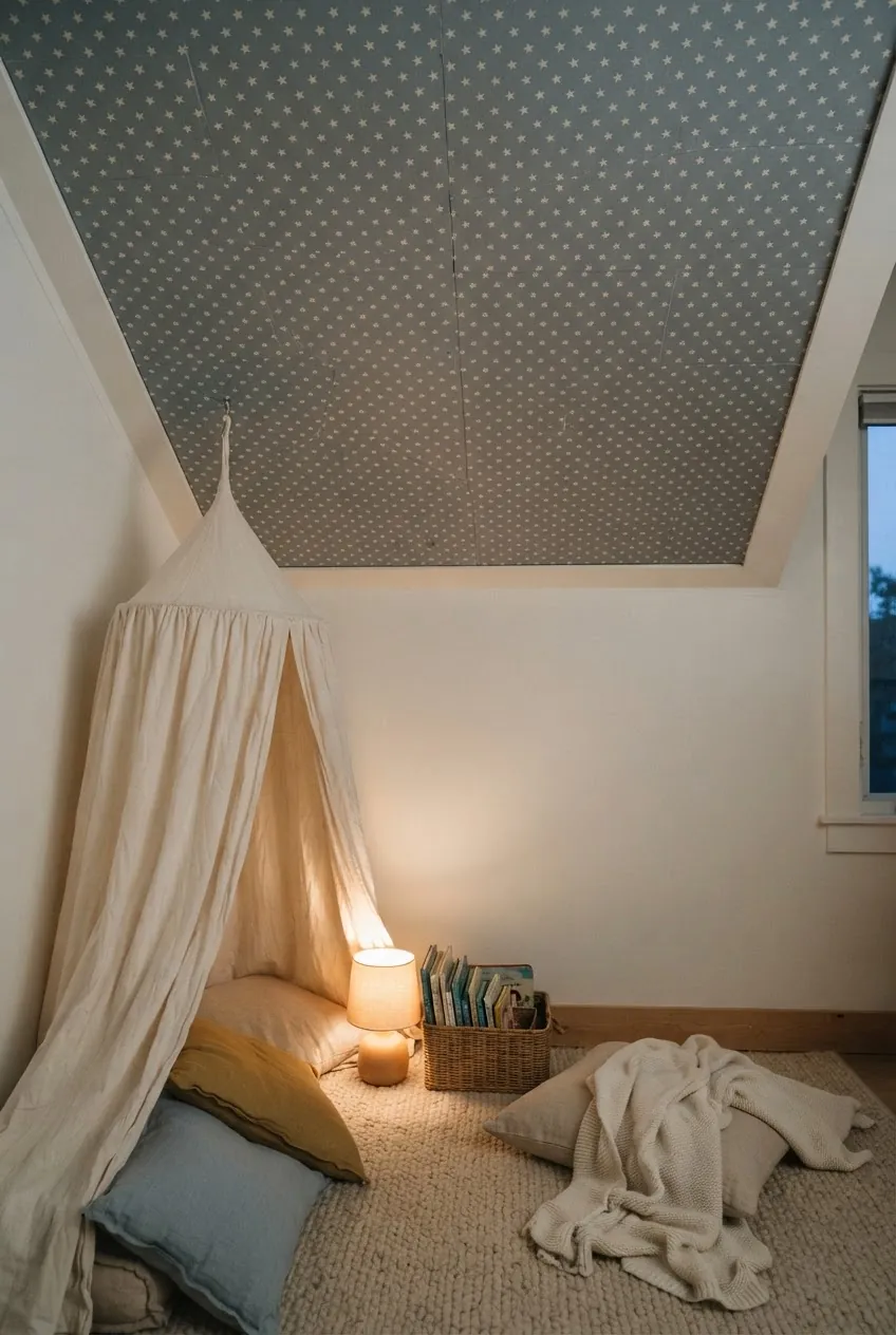 Ceiling wallpaper above a toddler reading tent with stars and soft floor cushions