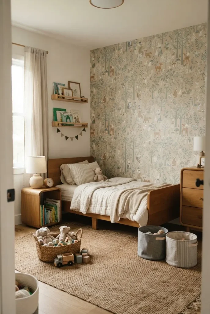 Stylish toddler room wallpaper accent wall in a calm kids bedroom