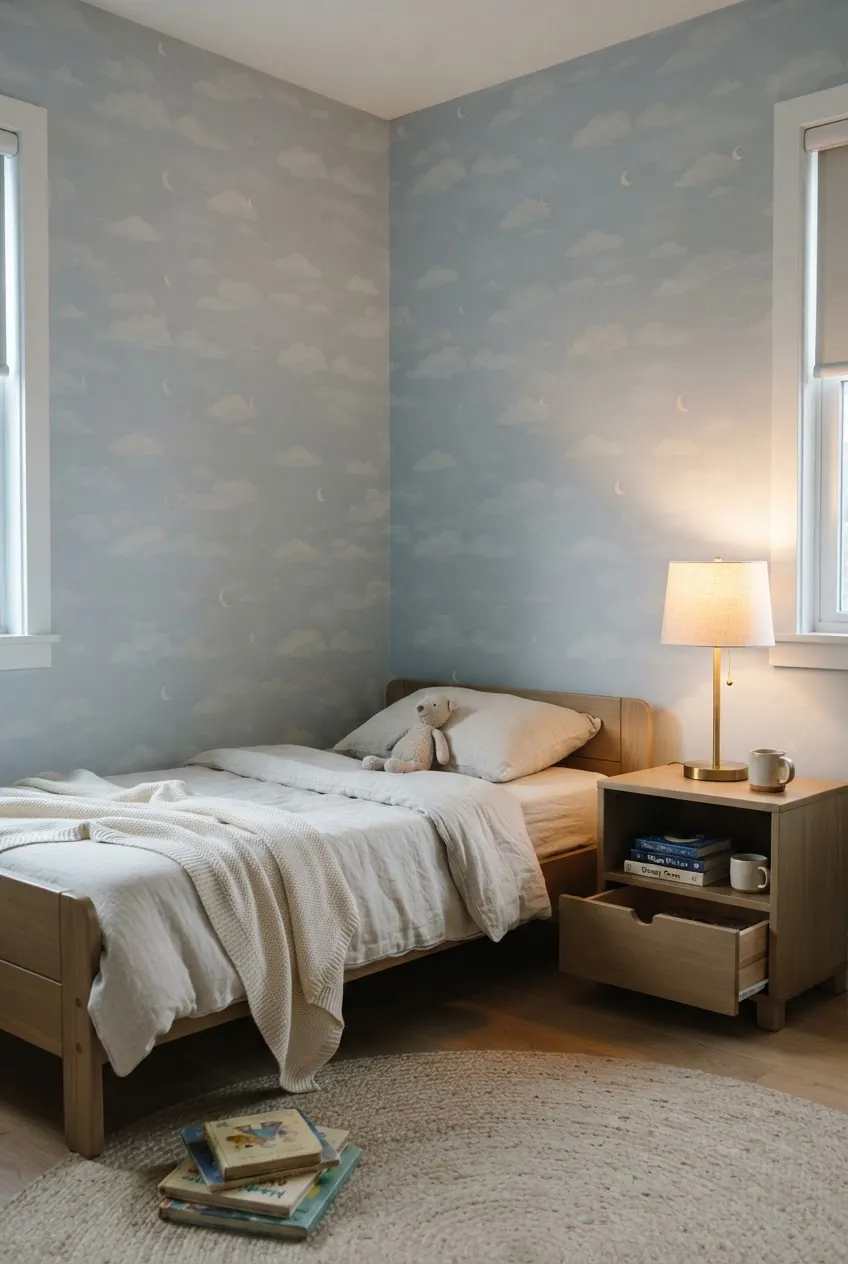 Gentle sky wallpaper in a toddler sleep corner with clouds and soft blue tones