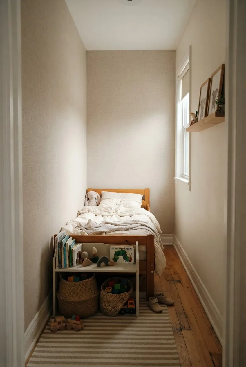 Neutral texture wallpaper in a small toddler room with compact storage and soft bedding