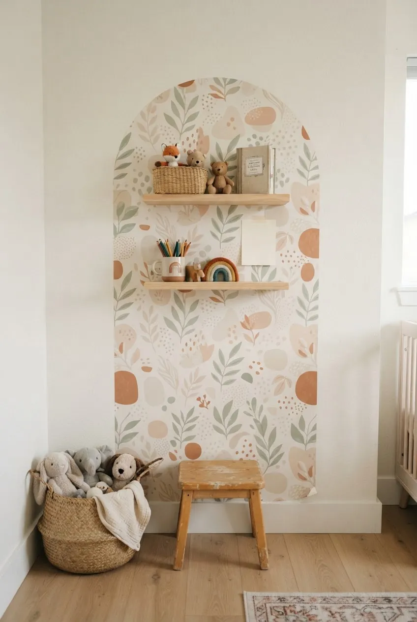 Peel and stick toddler room wallpaper forming an arch nook around shelves and toys