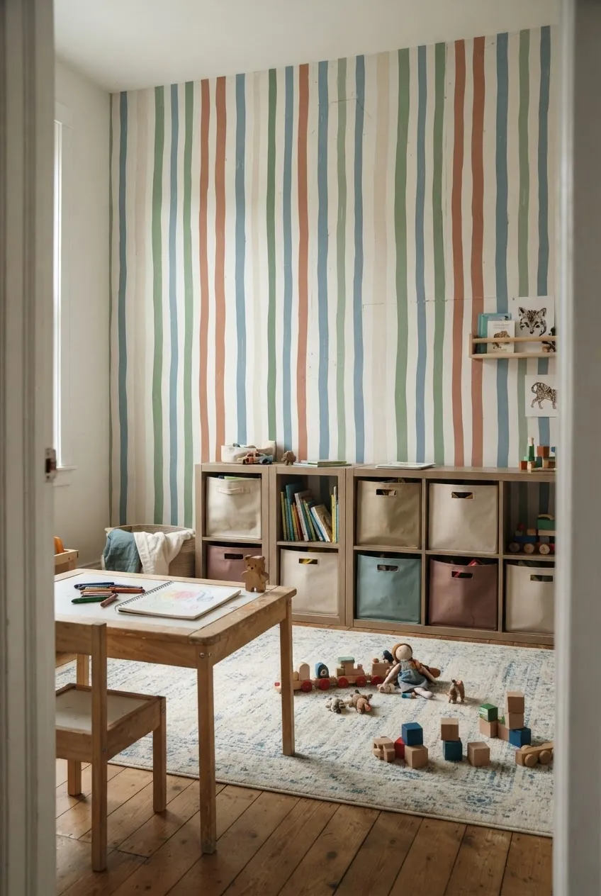 Kids playroom wallpaper with relaxed stripes and colorful storage bins
