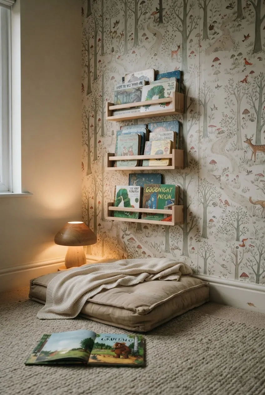 Storybook forest nursery wallpaper accent wall with shelves and toys in a toddler room