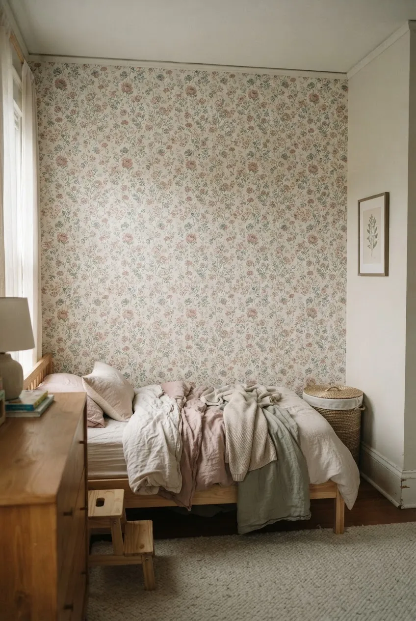 Tiny floral toddler room wallpaper with grown-up colors and simple wood furniture