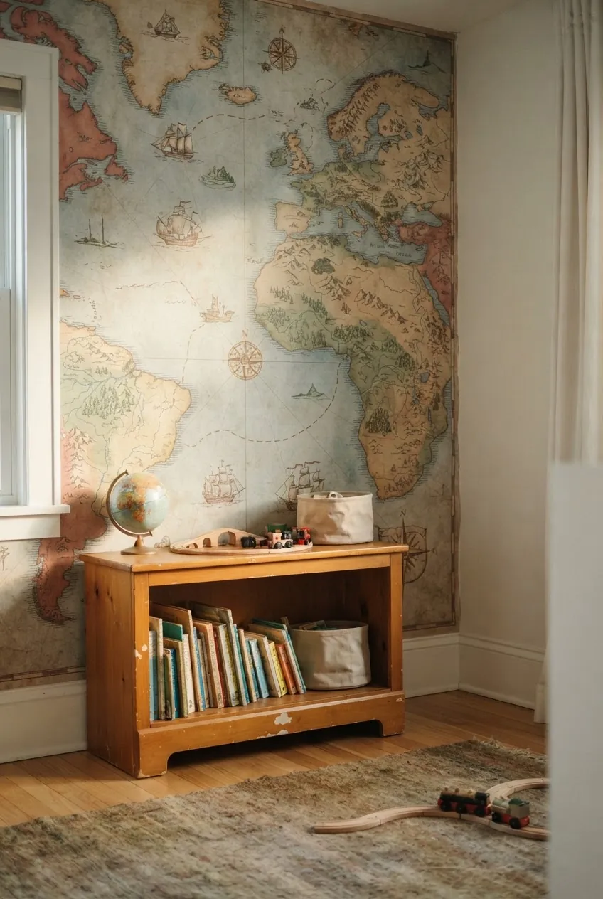 Vintage map wallpaper in a toddler bedroom with a low bookcase and globe toy