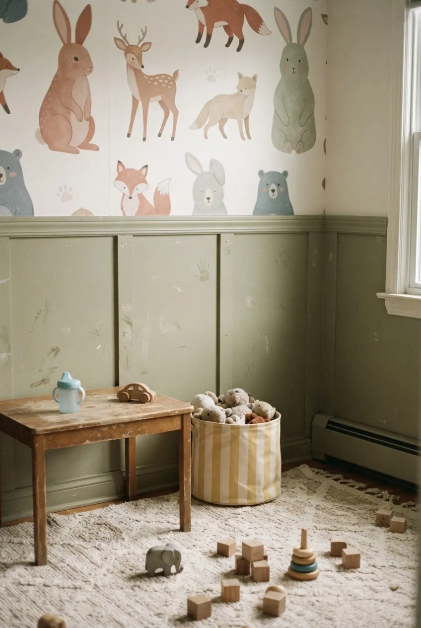 Washable animal print toddler room wallpaper installed above simple wall paneling