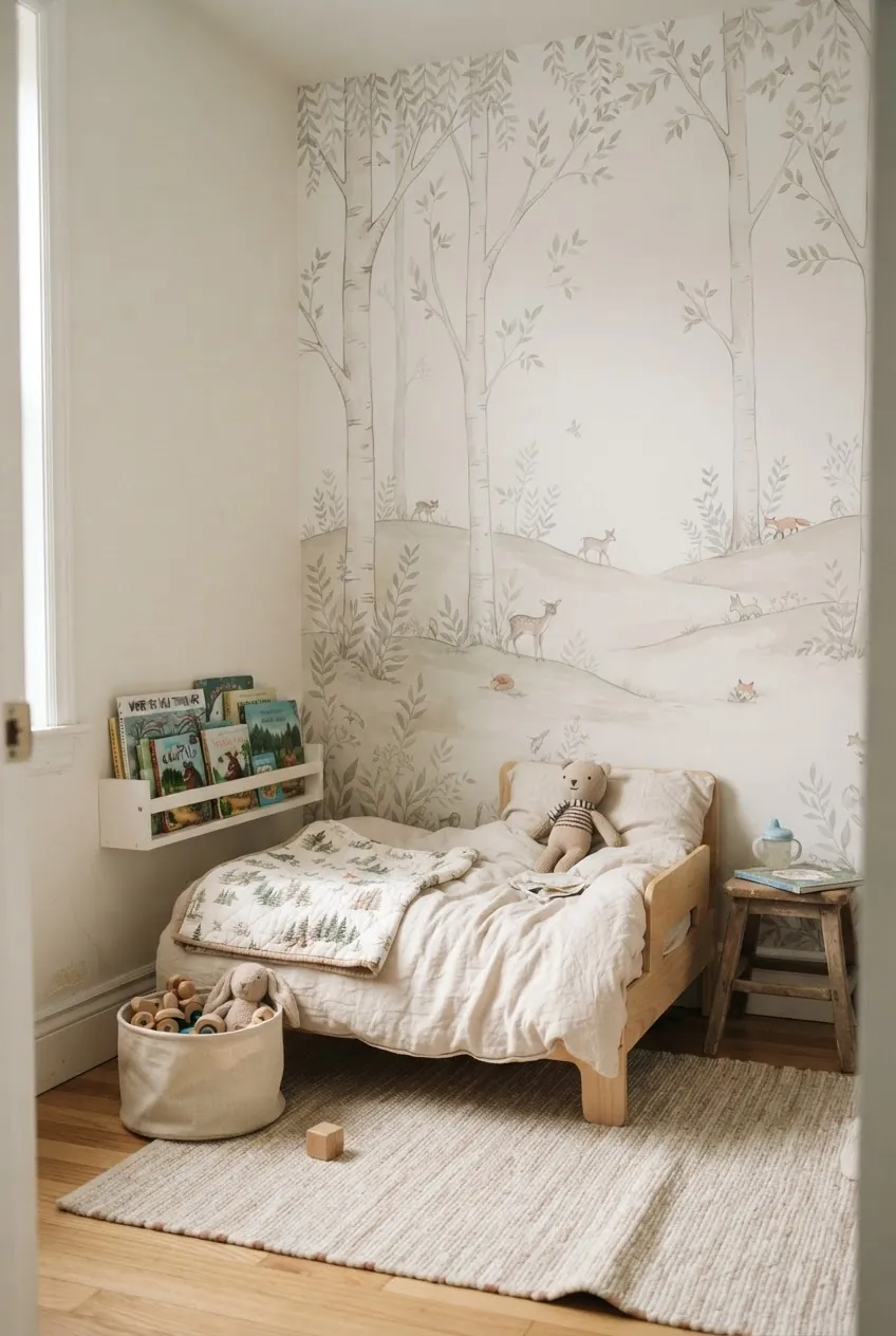 Toddler room wallpaper with a soft woodland mural behind a small bed