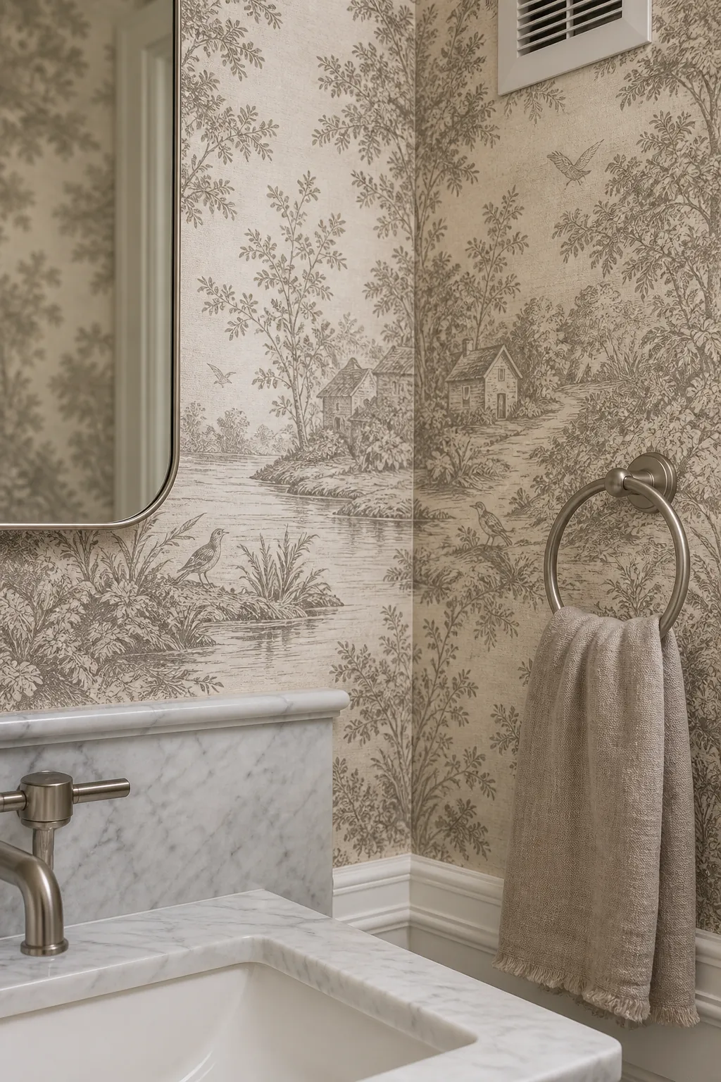 Close detail of washable toile wallpaper installed neatly around powder room trim