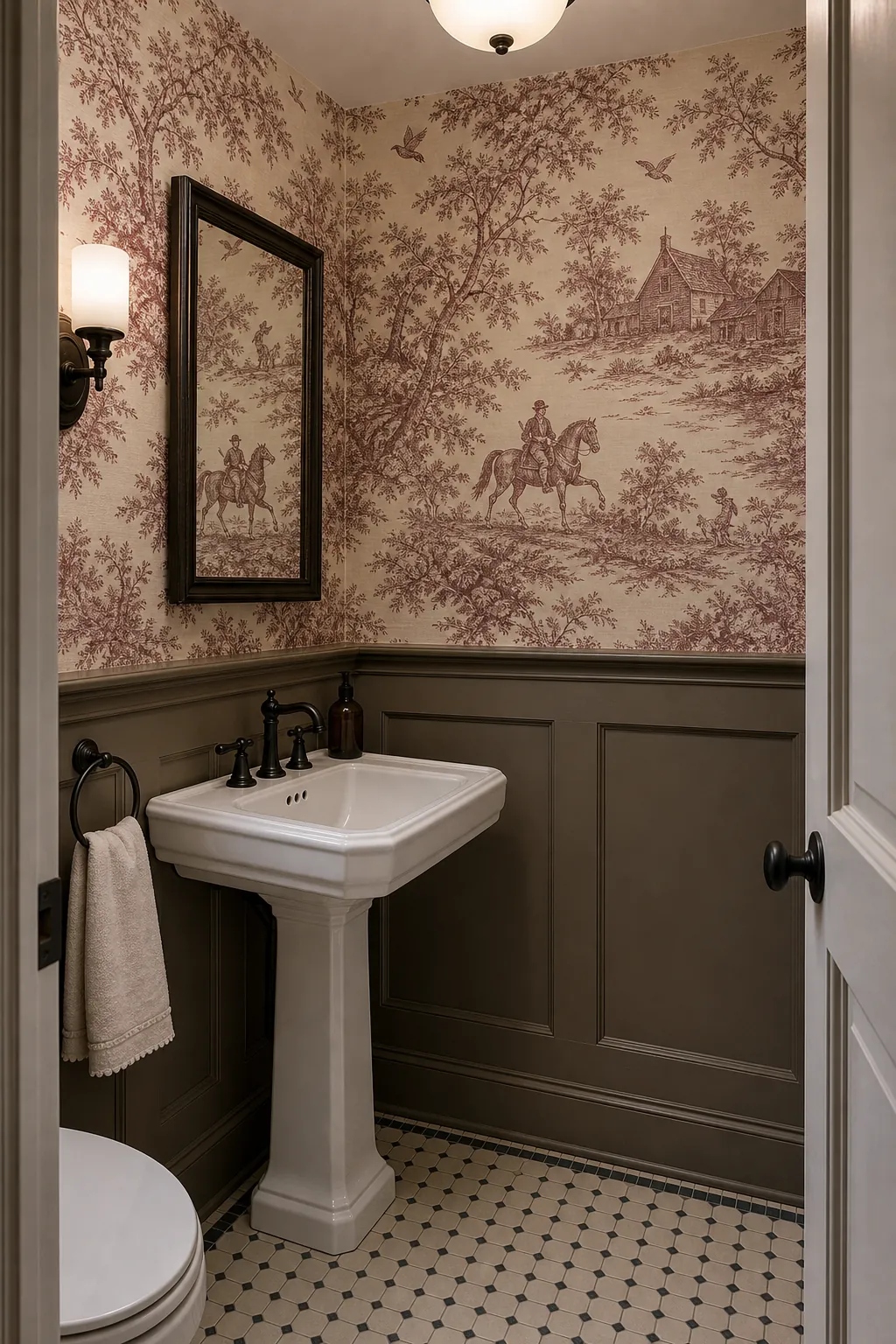 Toile wallpaper above painted wainscoting in a small powder room