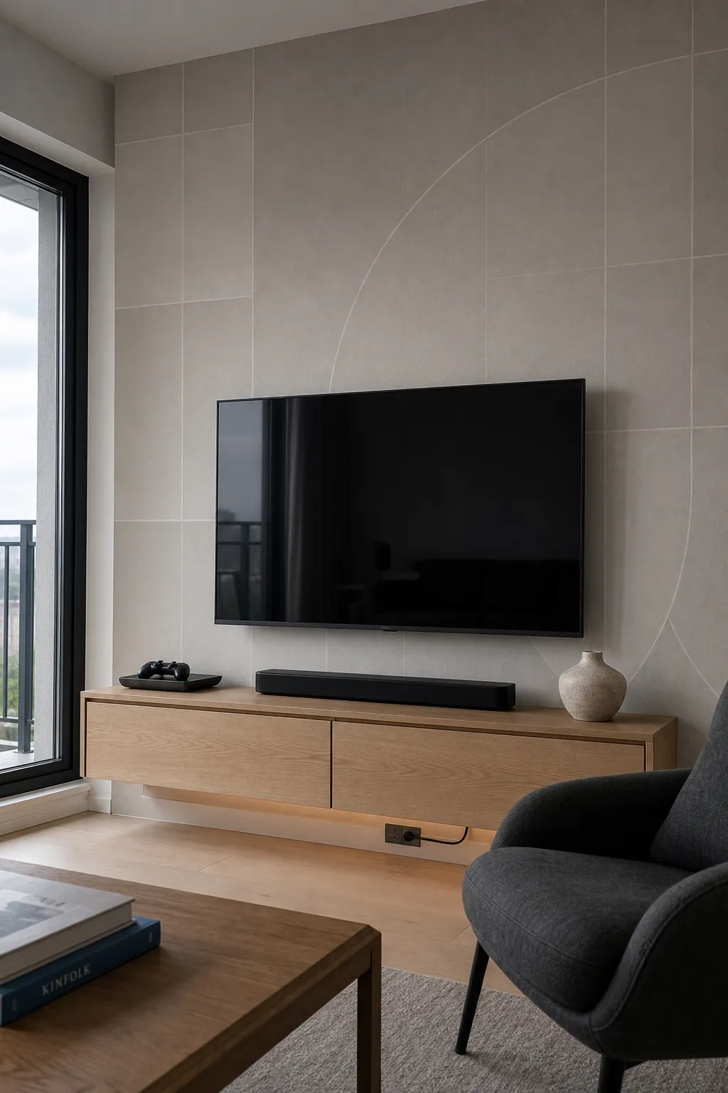 Modern TV unit against subtle tonal geometric living room wallpaper