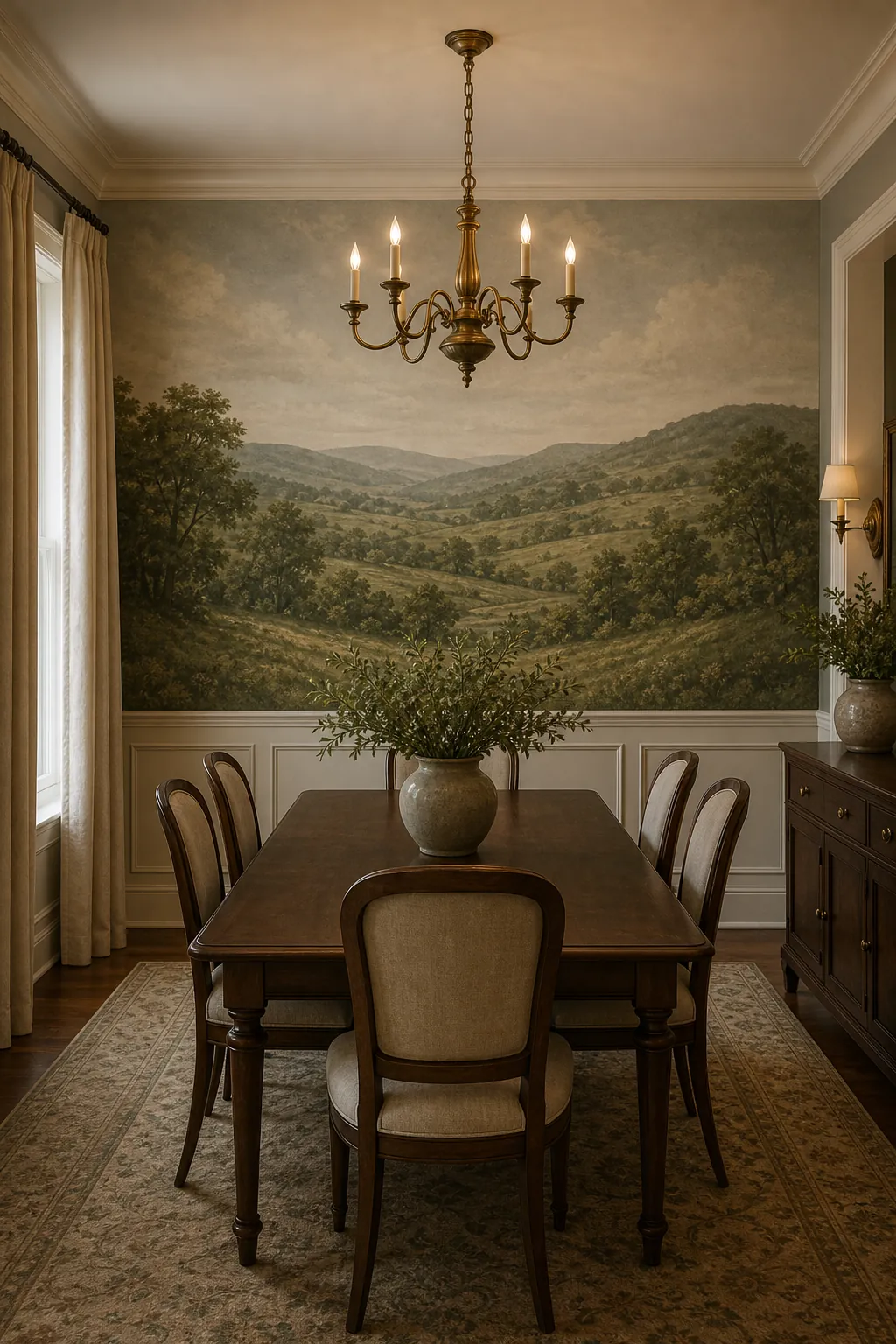 Traditional dining room mural with rolling hills and classic wood furniture