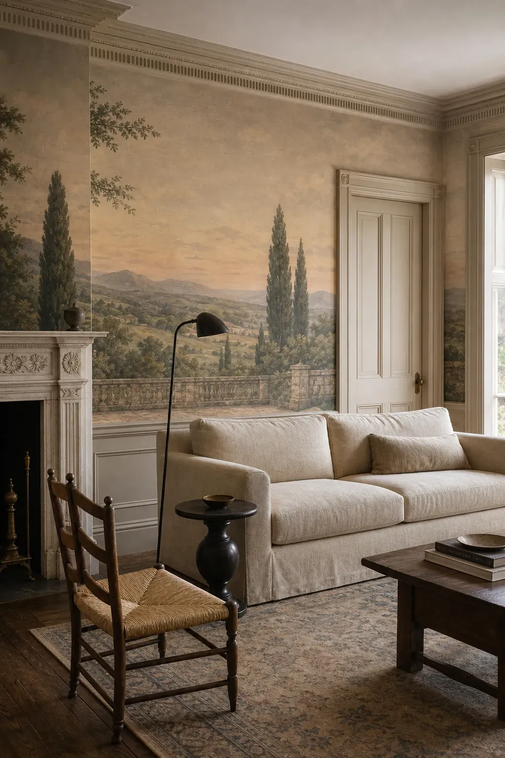 Traditional home wall mural with original molding and quiet modern furniture