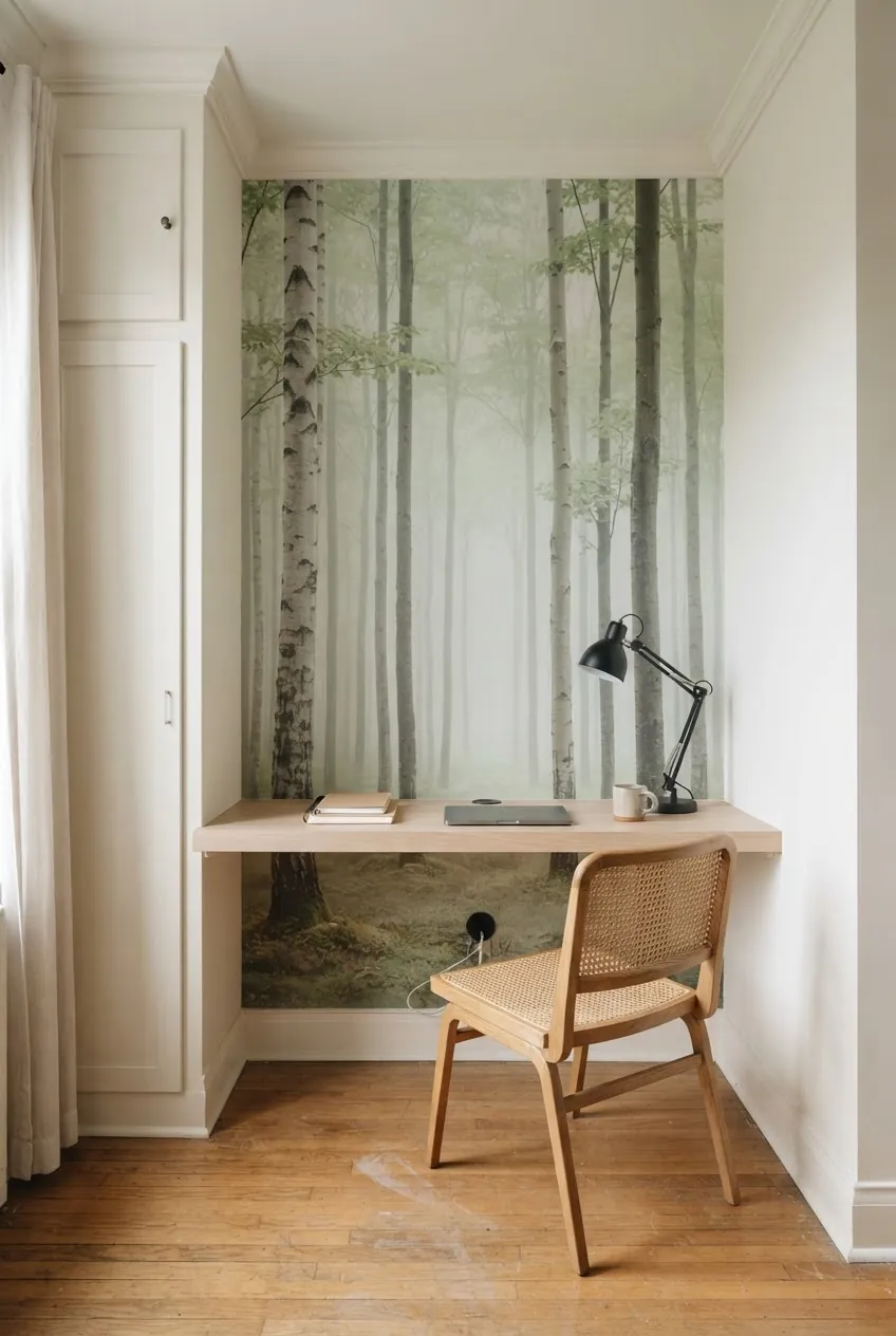 Tree mural wallpaper using vertical trunks to add height in a small home office