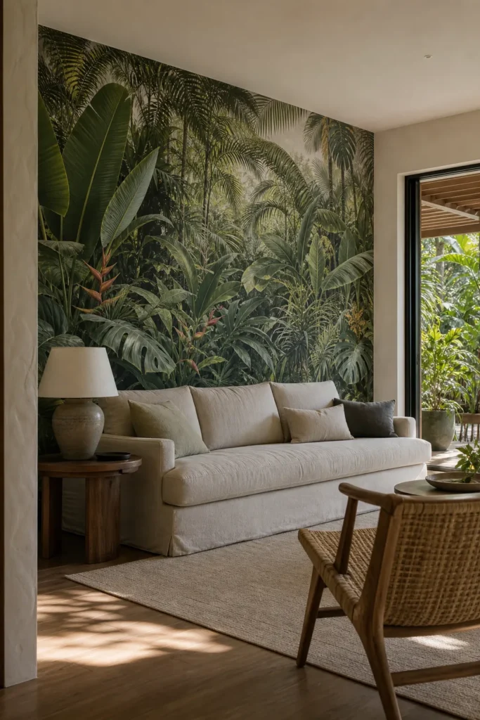 Tropical jungle wallpaper mural transforming a living room into a calm resort-style retreat
