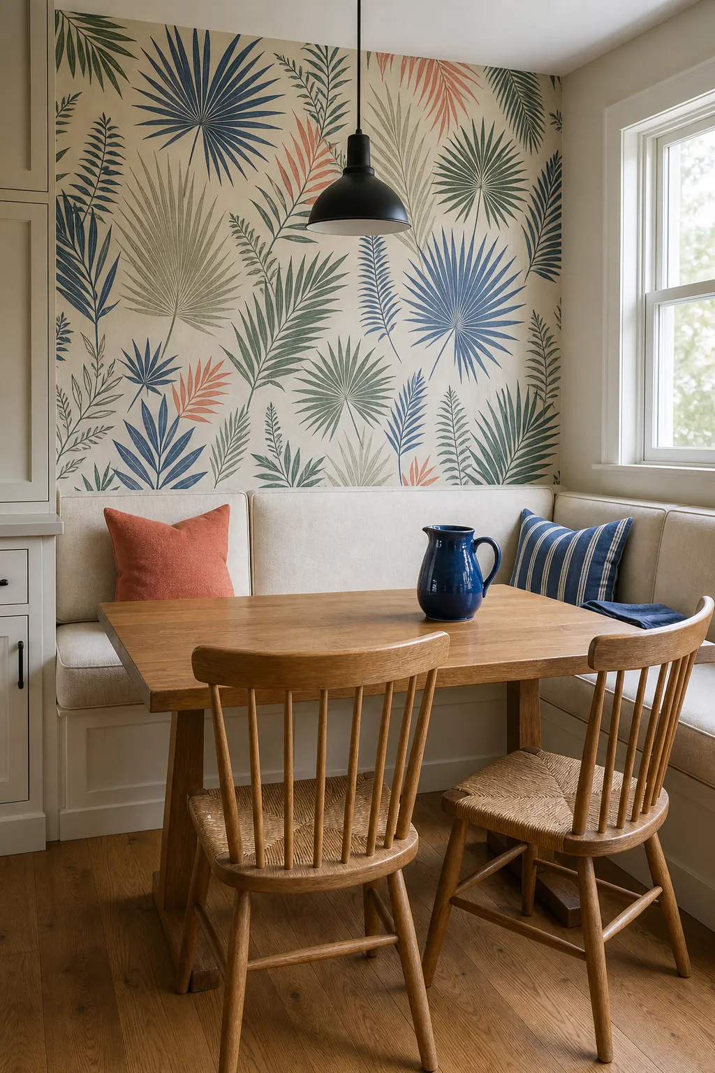 Tropical leaf wallpaper paired with coral, blue, cream, and natural wood accents