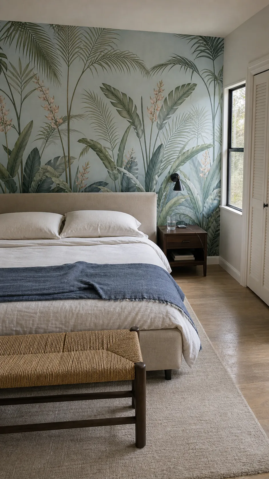 Tropical wall mural behind a low bed in a serene resort-inspired bedroom