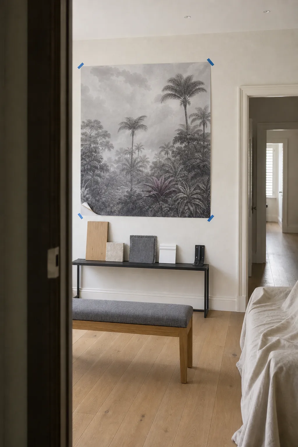 Large tropical mural sample tested beside room finishes at three viewing distances
