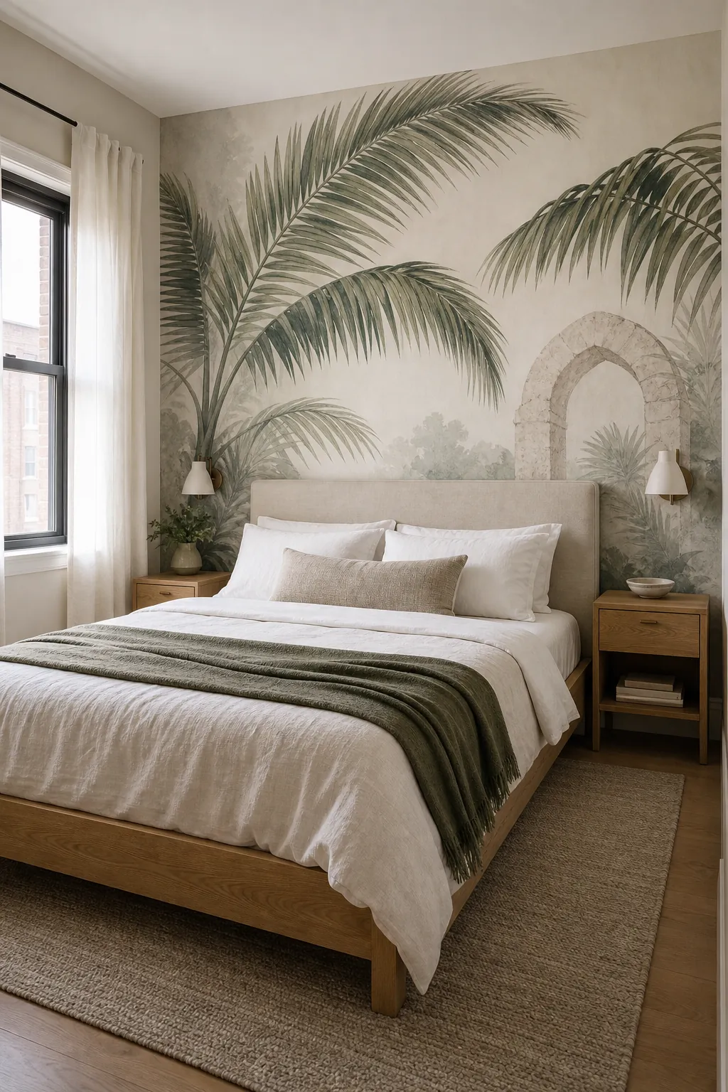 Oversized tropical boho wallpaper mural scaled around a low wood bed in a compact bedroom