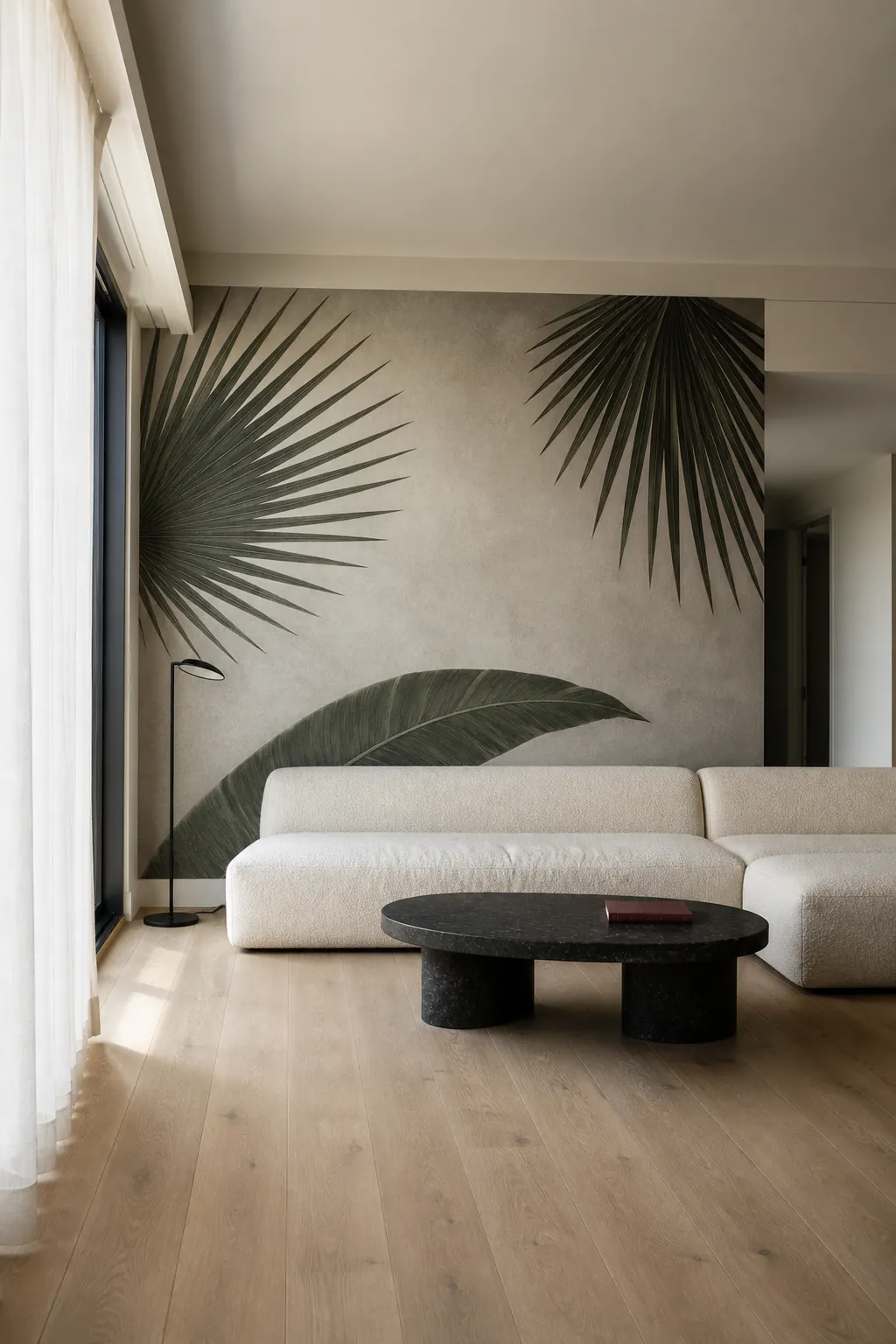 Large scale tropical mural with negative space in a modern living room