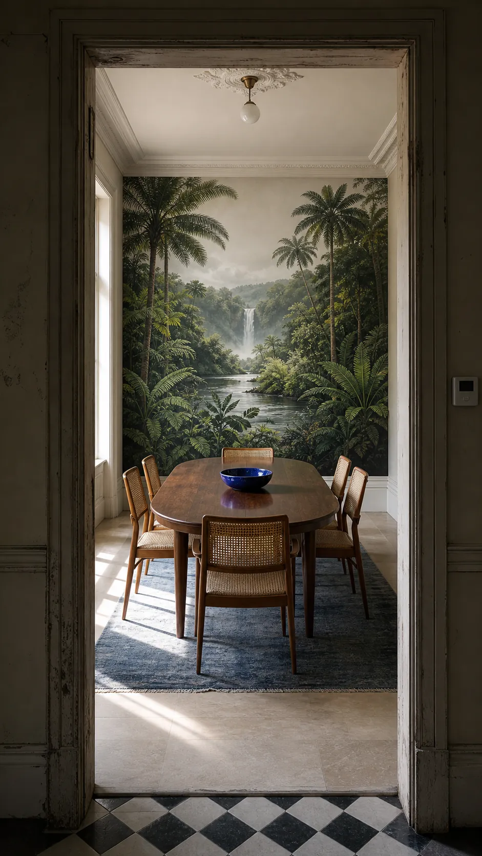 Large jungle wallpaper viewed across a bright dining room with clear botanical depth