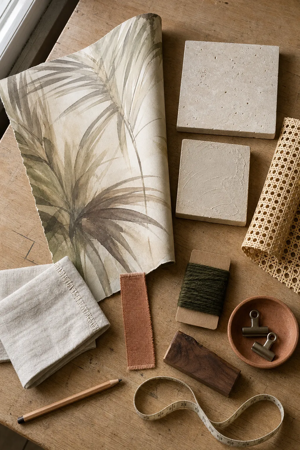 Tulum bedroom color palette with wallpaper sample, limestone, rattan, linen, clay, and olive green