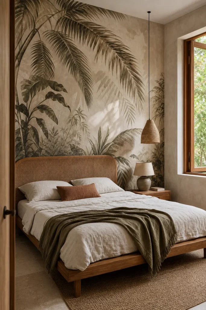 Tulum style wallpaper mural in a serene boho bedroom with natural textures