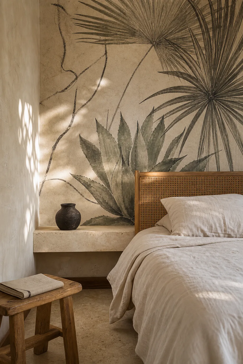 Tulum style wallpaper mural with muted botanical forms, rattan, linen, and limestone textures