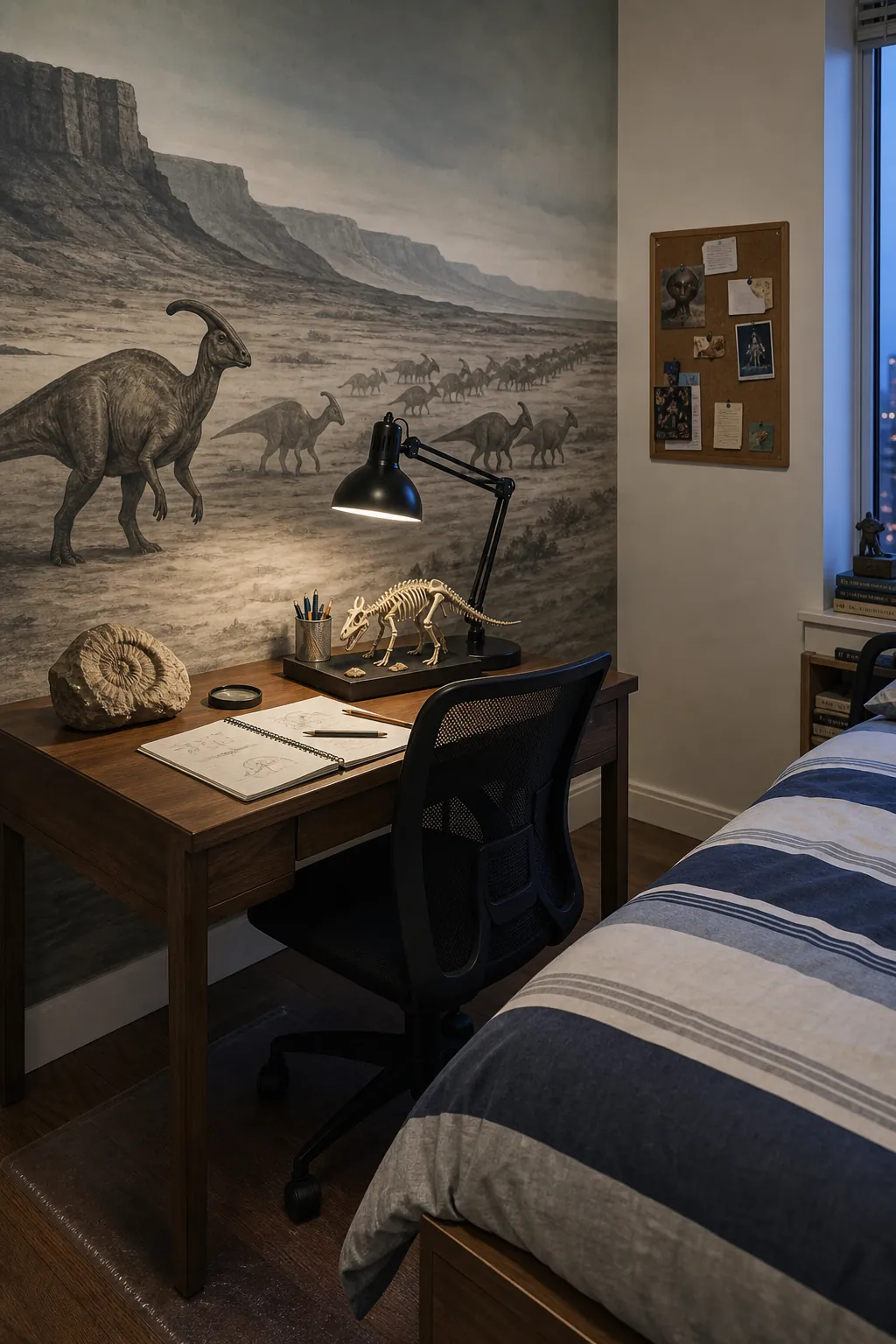 Tween study bedroom evolved around a sophisticated dinosaur landscape mural
