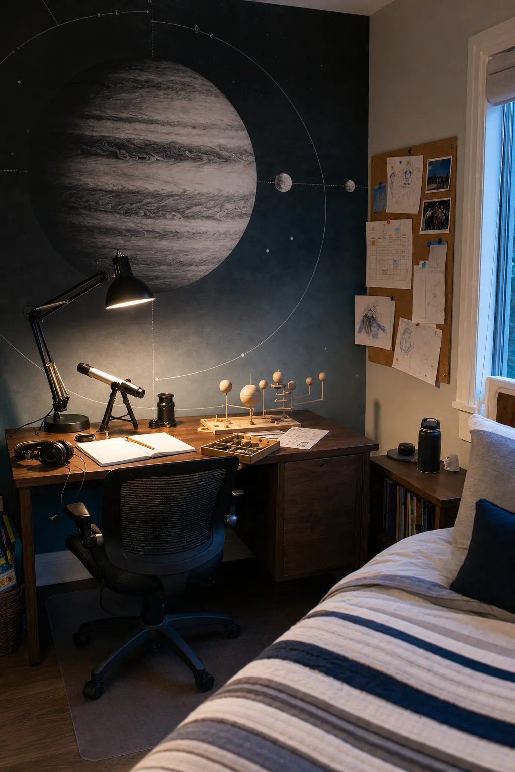Tween-ready bedroom styled around a sophisticated planet wall mural