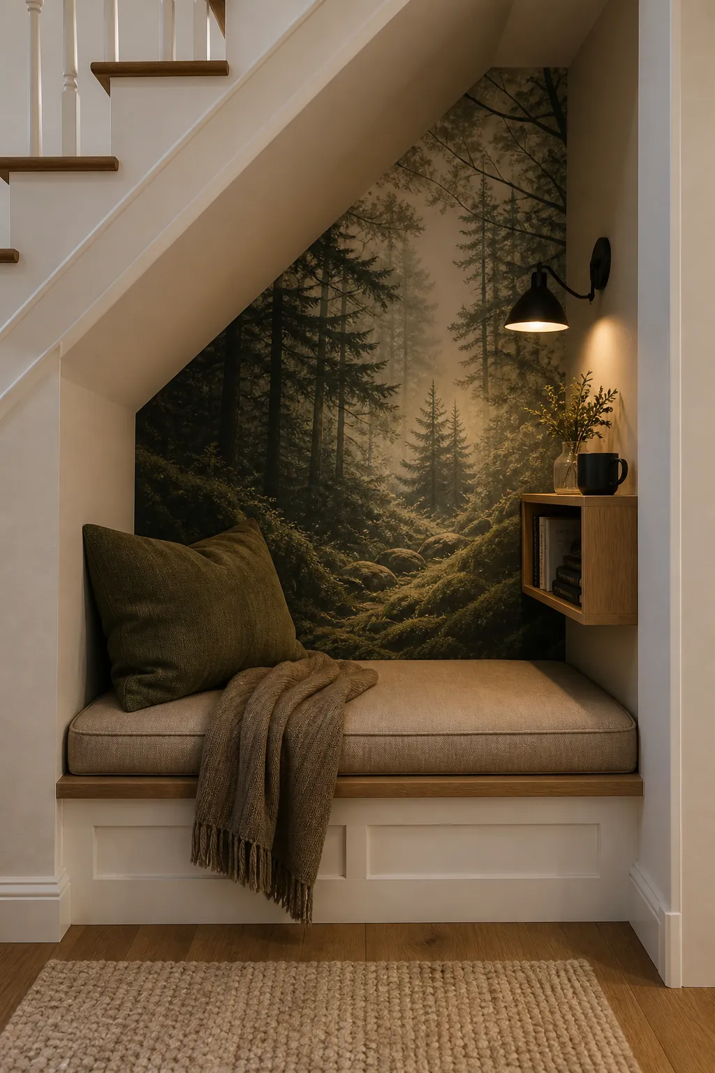 Under-stairs cozy nook with a pine and moss forest mural, bench cushion, lamp, and small shelf.