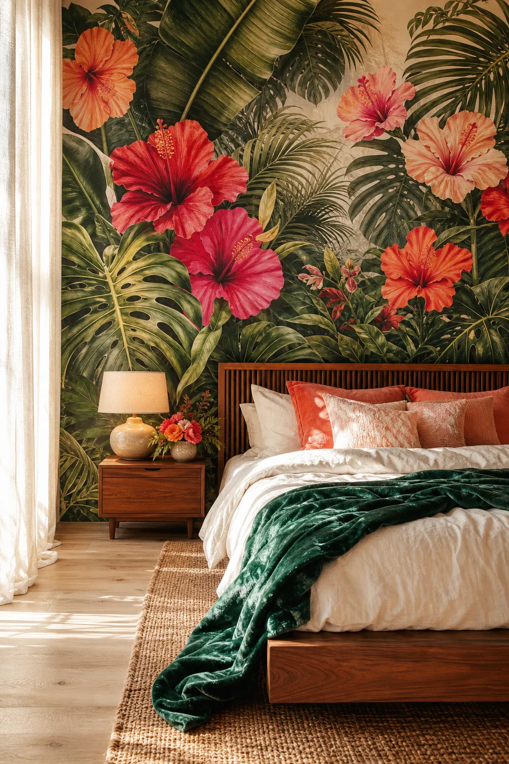 Bedroom featuring oversized hibiscus flower wallpaper behind the headboard