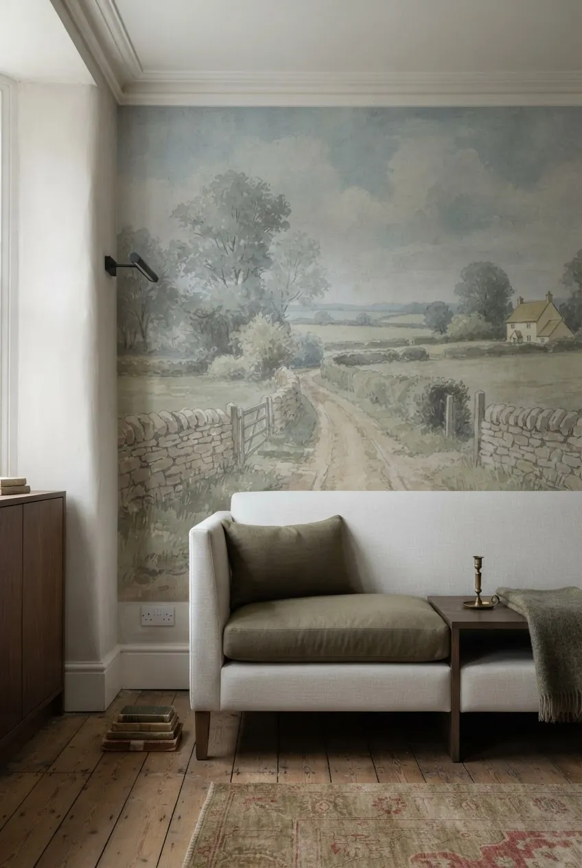 Vintage countryside mural wallpaper styled with modern furniture in a traditional living room