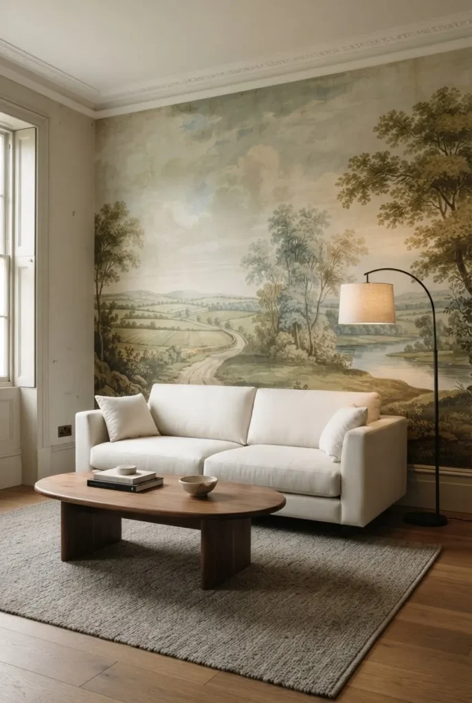 Vintage countryside mural wallpaper in a traditional living room with modern furniture