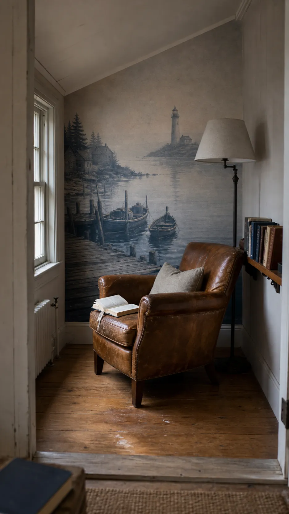 Vintage harbor seascape mural in a cottage reading nook